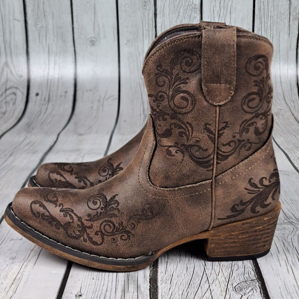 Roper Short Stuff Ankle Boots Women 5 Brown Western Faux Leather Zip Short